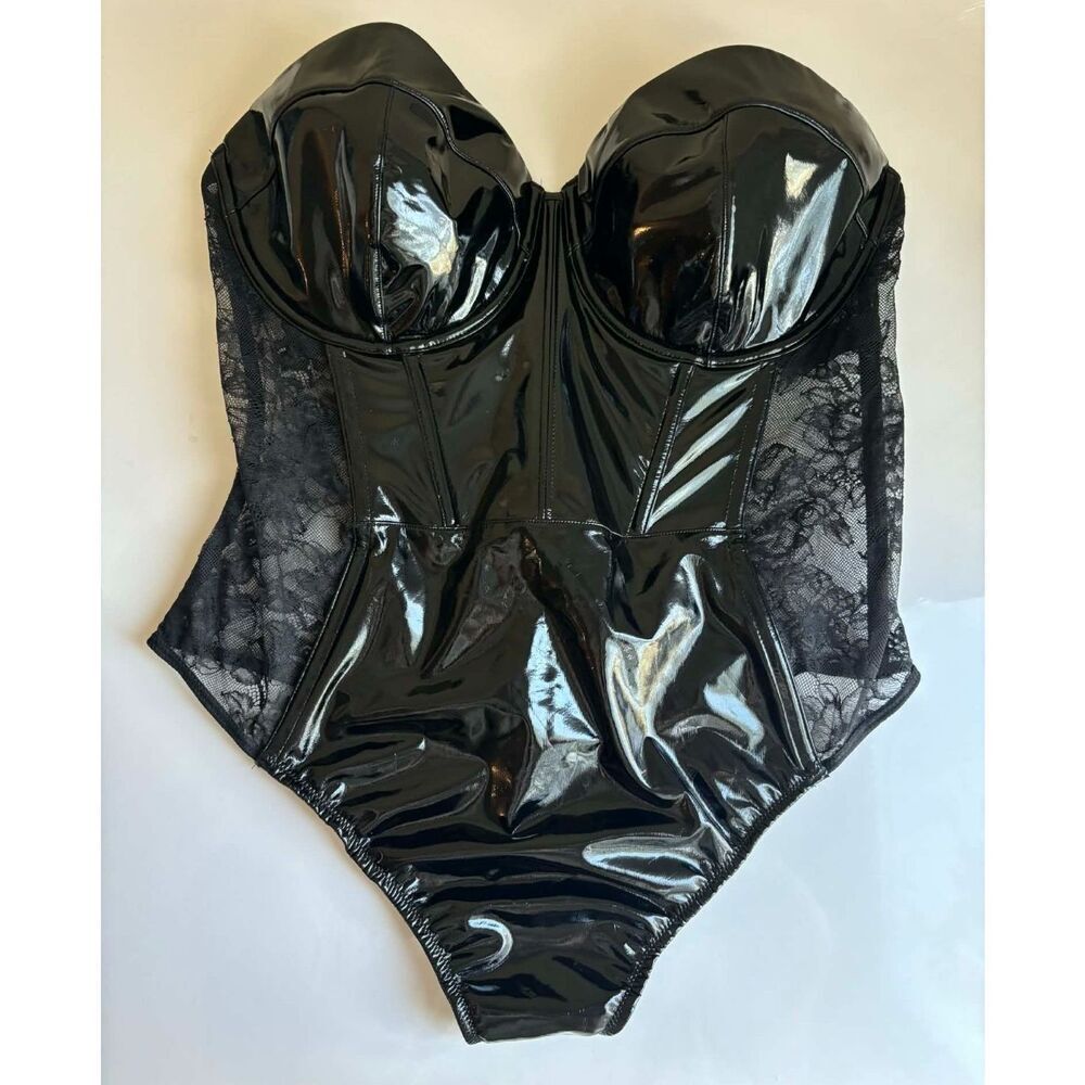 Victorias Secret Lightly Lined Lace Teddy Patent Leather Strapless Thong Wmns XL
